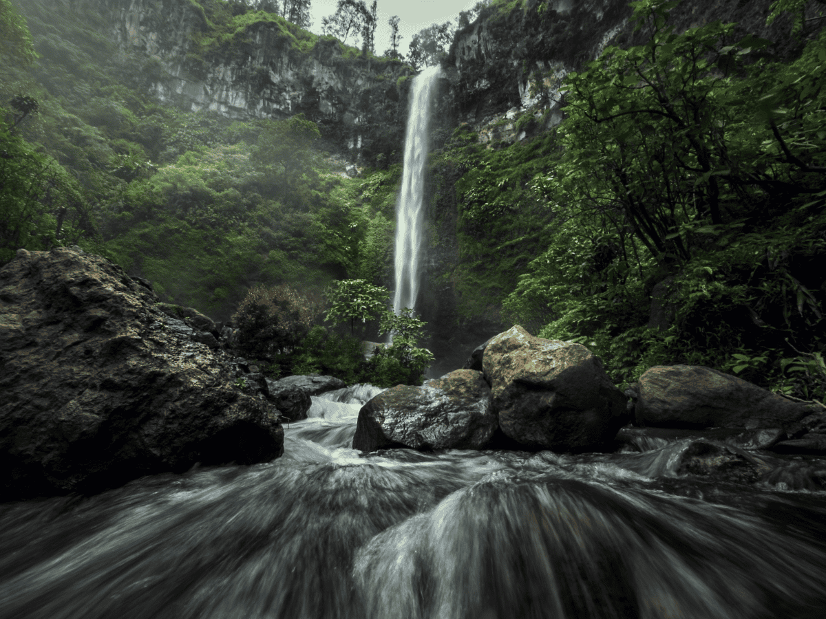 Air terjun Coban Rondo jatuh di tebing hijau, dengan sungai berbatu mengalir di depannya.