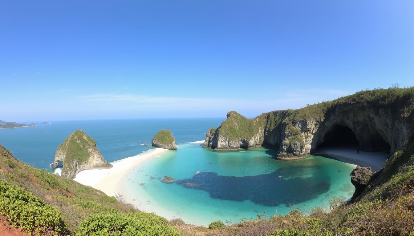 Teluk Bengkung dari atas tebing: pasir putih melengkung, air biru kehijauan, dan bukit karang di kedua sisinya.
